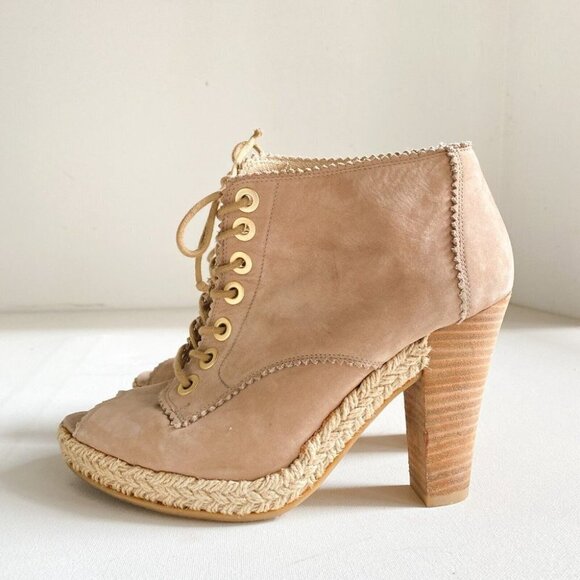 Stuart Weitzman Light Beige Suede Espadrille Detail Heeled Peep Toe Booties 7.5 - Picture 4 of 7